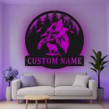 Décoration murale en métal personnalisée de loup hurlant avec rétroéclairage LED - Cadeau personnalisé pour les amoureux de la nature - Décor de cabane rustique