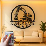 Décoration murale en métal LED personnalisée pour excavateur - Cadeau pour passionnés de construction, décoration de garage ou de bureau