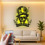 Insegna in metallo LED Teschio Steampunk | Insegna con Nome Personalizzato per Man Cave | Decorazione per Stanza di Gioco Gotica con Cappello a Cilindro e Ingranaggi