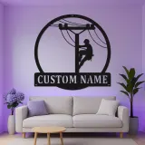 Panneau LED en métal pour lineman | Cadeau personnalisé pour électricien | Décoration murale avec nom sur mesure pour man cave | Déco pour professionnel des services publics