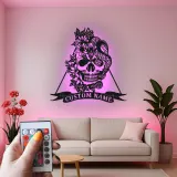 Gothic Skull & Snake LED Metal Wall Art | Personalized Tattoo Studio Decor | Custom Name Sign for Home Bar