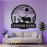 Insegna in metallo Texas Longhorn personalizzata | Insegna LED per ranch | Scena desertica per arredamento rustico