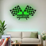 Panneau en métal LED de drapeaux de course personnalisé | Décor de garage personnalisé | Art mural à damier de sport automobile | Cadeau pour coureur