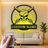 Custom Baseball Skull Led Light Metal Wall Art Personalized Gift for Sports Fans Game Room Decor