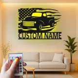 Personalisierter Vintage-Truck mit amerikanischer Flagge LED-Licht Metall-Wandkunst Geschenk für Ihn Garagen- oder Männerecken-Dekor