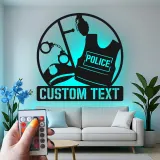 Personalized Police Gear Metal Sign | LED Law Enforcement Wall Art | Custom Officer Name Plaque | Cop Retirement & Academy Gift