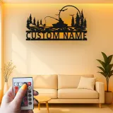 Cartel de pesca personalizado con luz LED | Arte mural de metal personalizado para casa de campo | Regalo para pescador y angler