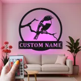 Custom Bird on Branch Led Light Metal Wall Art Personalized Nature Lover Gift Living Room or Garden Decor