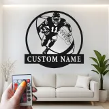 Insegna in metallo personalizzata per giocatore di football | Arte murale LED personalizzata | Decorazione con nome atleta per man cave e regalo per tifosi