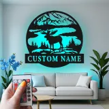 Custom Moose Mountain Scene Led Light Metal Wall Art Personalized Nature Lover Gift Cabin Decor