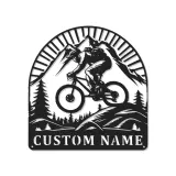 Arte in Metallo Mountain Biker | Insegna Nome Personalizzata con Luci LED | Regalo Personalizzato per Amanti dell'Avventura nel Ciclismo in Discesa