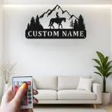 Art en métal personnalisé de cavalier de cheval | Panneau LED équestre personnalisé | Décor mural de ranch et de cabane pour cadeau