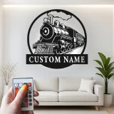 Décoration murale en métal personnalisée de train à vapeur avec rétroéclairage LED - Cadeau pour passionnés de trains, décoration pour man cave ou bureau