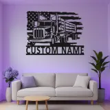 Décoration métal camion de grumes personnalisée | Plaque prénom camionneur avec LED | Décor man cave drapeau américain | Cadeau patriotique