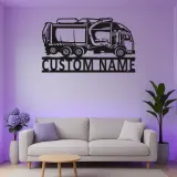 Insegna LED in metallo personalizzata con camion della spazzatura | Arte murale con nome su misura | Regalo per operatore ecologico | Arredo per gestione rifiuti