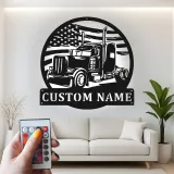 Panneau Métallique LED Personnalisé de Camion Semi | Art Mural avec Drapeau Américain | Cadeau Personnalisé pour Camionneur pour Man Cave & Garage