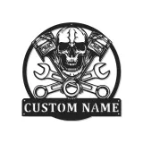 Custom Skull LED Metal Sign | Personalized Piston & Wrench Wall Art | Mechanic Garage Decor for Him | Man Cave Sign