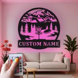 Custom Disc Golf Mountain Scene Led Light Metal Wall Art Personalized Gift for Disc Golfers Outdoor Enthusiast Decor