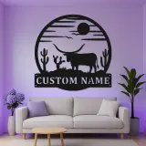 Cartel LED Texas Longhorn | Arte mural de metal para rancho | Decoración rústica occidental para vaqueros