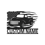 Personalisierter Vintage-Truck mit amerikanischer Flagge LED-Licht Metall-Wandkunst Geschenk für Ihn Garagen- oder Männerecken-Dekor