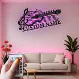 Personalized Guitar Metal Sign with LED | Custom Music Notes Wall Art | Musician Name Plate for Studio Decor