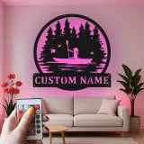 Insegna in metallo personalizzata per kayakista | Insegna LED con scena lacustre personalizzata | Regalo per amanti dell'outdoor | Decorazione per cabin e case al lago
