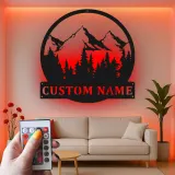Personalized Mountain Metal Wall Art | LED Backlit Nature Scene for Cabin Decor | Custom Family Name Sign