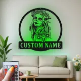 Cartel LED de calavera de azúcar personalizado | Arte mural de metal del Día de los Muertos | Decoración gótica personalizada | Regalo del Día de los Muertos