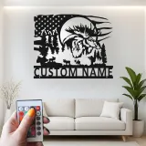 Arte in metallo personalizzata con alce | Insegna LED retroilluminata per decorazioni da cabin | Regalo rustico per cacciatori | Scena della foresta con bandiera USA