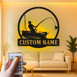 Insegna da pesca personalizzata con LED | Insegna in metallo personalizzata con pescatore | Decorazione per casa al lago e regalo per pescatori