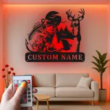 Cartel de metal LED personalizado de ciervo y pesca de lubina regalo para amantes del aire libre decoración de cabaña