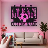 Arte mural de metal personalizado de fútbol | Cartel LED con nombre personalizado para habitación de chicos | Regalo para jugador de fútbol | Decoración mural deportiva