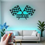 Panneau en métal LED de drapeaux de course personnalisé | Décor de garage personnalisé | Art mural à damier de sport automobile | Cadeau pour coureur