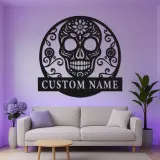 Sugar Skull LED Metal Wall Art | Personalized Day of the Dead Sign | Custom Name Gothic Decor for Home & Studio | Laser-Cut Metal