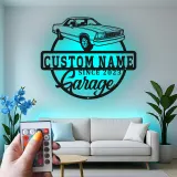 Insegna LED personalizzata per garage | Insegna in metallo su misura con auto classica | Arredo vintage per officina auto | Regalo per man cave