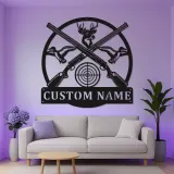 Panneau LED de chasse personnalisé | Décoration murale en métal cerf et fusil | Décor rustique pour man cave | Cadeau unique pour chasseurs