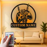 Custom Gamer Metal Sign | Personalized LED Wall Art for Teen Room | Video Game Controller Decor for Man Cave