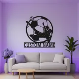 Panneau Métallique de Joueur de Soccer Personnalisé | Décoration Murale LED de Nom pour Chambre de Garçon | Silhouette de Coup de Pied de Bicyclette | Cadeau pour Athlète