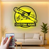 Décoration murale en métal personnalisée avec rétroéclairage LED Trombone - Cadeau pour Musicien - Décor de Salle de Musique pour Amateurs de Trombone