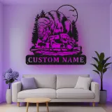 Décoration murale en métal personnalisée avec bison et forêt en rétroéclairage LED - Cadeau faune rustique pour cabane
