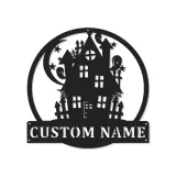 Letrero LED de casa encantada | Decoración mural de metal personalizada | Decoración de Halloween con apellido personalizado | Iluminación espeluznante para exterior y porche