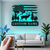 Cartel de metal LED personalizado de ciervo y montaña, regalo para entusiastas del aire libre, decoración de cabaña rústica
