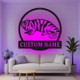 Décoration murale en métal personnalisée avec éclairage LED Chameleon pour les amoureux des reptiles - Cadeau unique pour la chambre