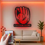 Custom Baseball Glove Led Light Metal Wall Art Personalized Sports Gift for Baseball Fans Game Room Decor