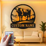 Décoration murale en métal LED personnalisée de vache - Cadeau de ferme pour éleveurs - Décor rustique pour le salon