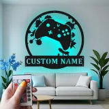 Insegna gamer personalizzata | Insegna LED in metallo personalizzata | Decorazione per sala giochi per ragazzi e uomini | Targa luminosa con controller e nome