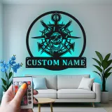 Insegna LED Teschio Pirata con Ancora | Arte Murale Nautica con Nome Personalizzato | Regalo Personalizzato per Marinai per Man Cave e Bar di Casa