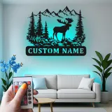 Cartel LED de alce macho | Arte mural rústico de cabaña | Decoración personalizada de bosque de montaña | Regalo para amante de la vida salvaje