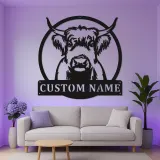 Highland Cow LED Metal Sign | Personalized Farmhouse Wall Art | Custom Family Name Decor for Rustic & Modern Homes