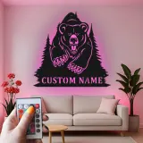 Insegna in metallo personalizzata con orso retroilluminato, regalo di fauna selvatica per amanti della natura, decorazione per cabina